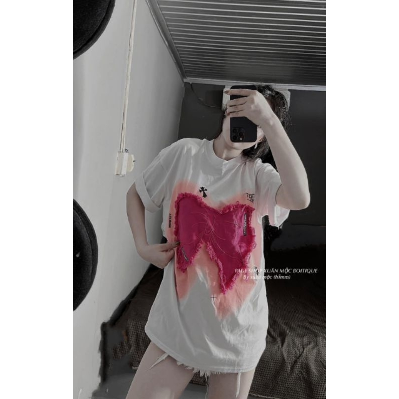 ÁO COTTON KHÔ ĐÁP HÌNH NƠ HỒNG , form rộng tay lỡ unisex oversize