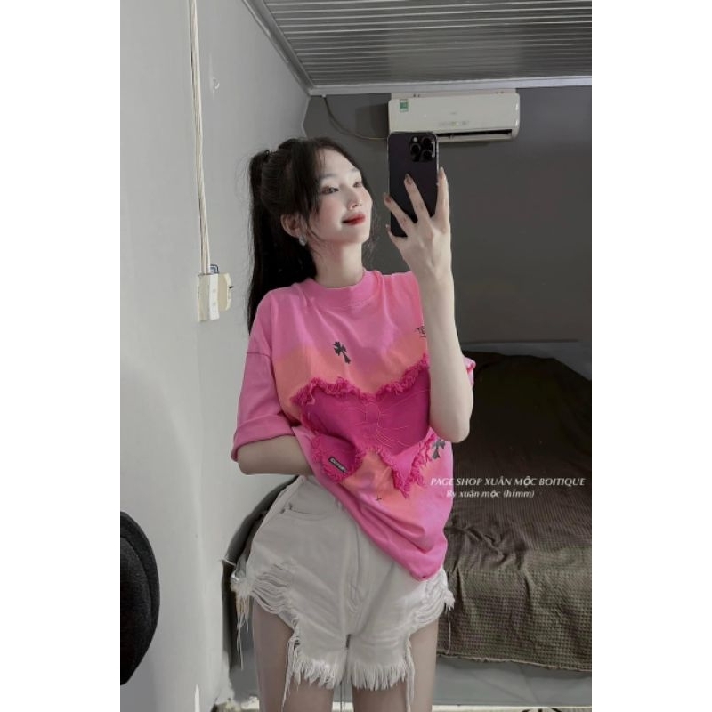 ÁO COTTON KHÔ ĐÁP HÌNH NƠ HỒNG , form rộng tay lỡ unisex oversize