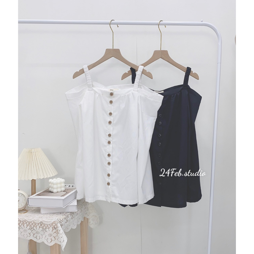 Áo sơ mi thô lụa trễ vai 2 dây phong cách vintage Hàn Quốc mẫu mới