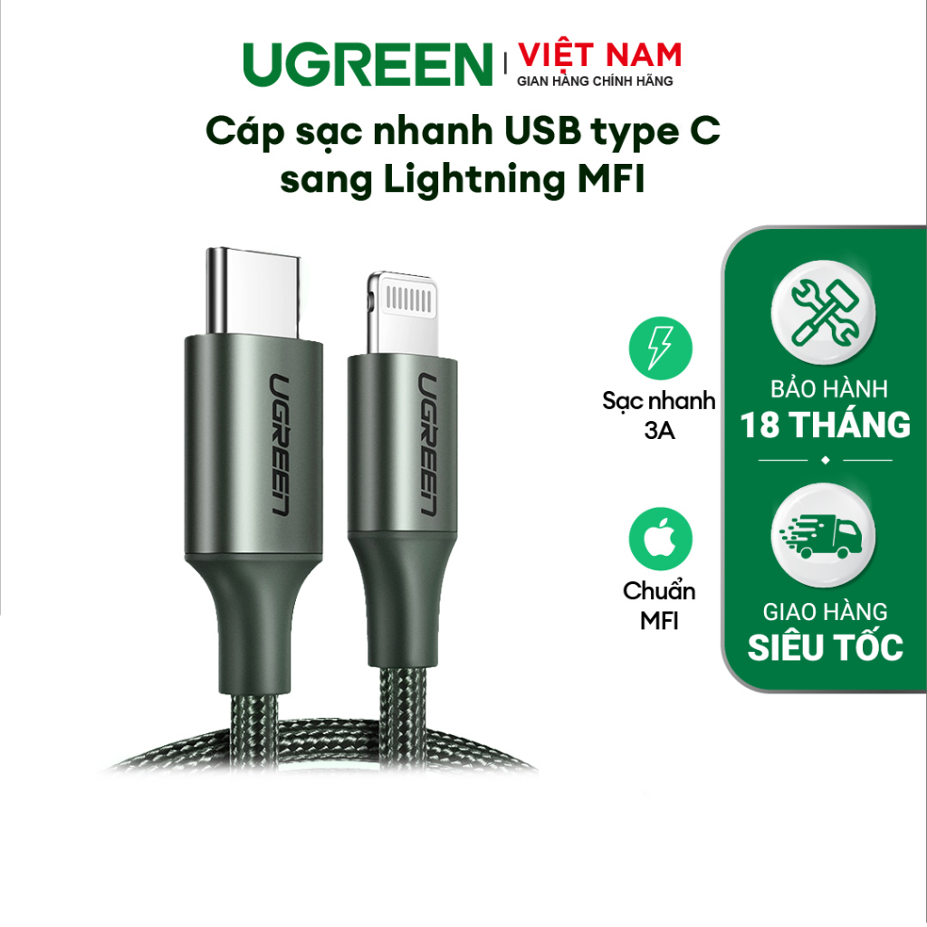 Cáp sạc USB C to Lightning đạt chuẩn MFi Ugreen US304 vỏ bện | Tốc độ truyền 480Mbps | Bảo Hành 18 Tháng 1 Đổi 1 |