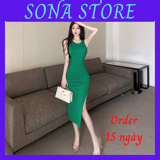 Váy body len xoắn ngực dáng dài đầm ôm nữ sexy xẻ tà gợi cảm mặc 2 kiểu sang chảnh hàng quảng châu cao cấp SONA STORE