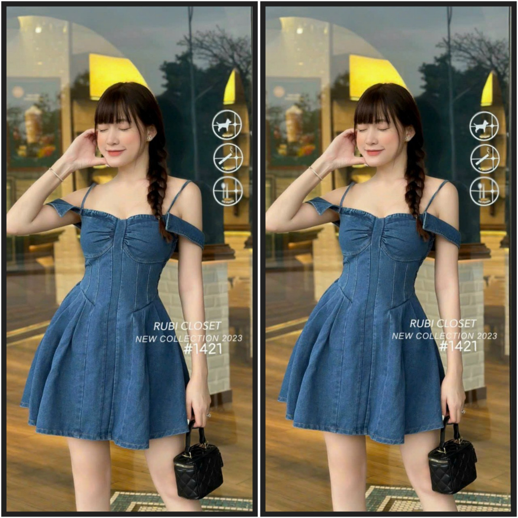 Đầm hai dây trễ vai jeans cúp nơ ngực dáng xòe xinh xắn tiểu thư sang chảnh siêu hot dành các nàng thơ dự tiệc, du lịch