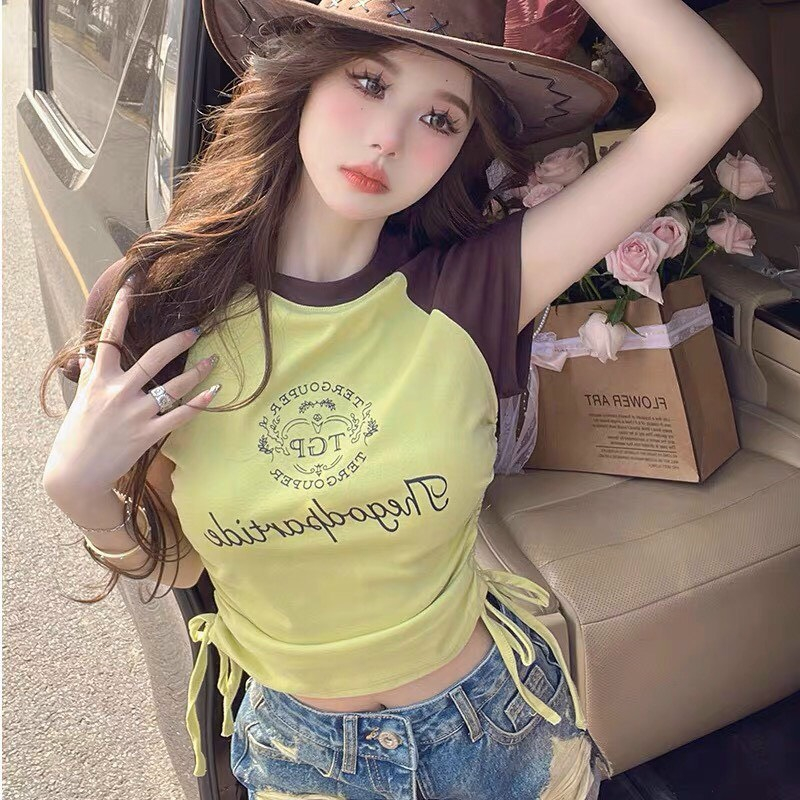 [CRTYK1013]ÁO CROPTOP KIỂU LỬNG NỮ CỔ TRÒN NGẮN TAY IN CHỮ NGANG DÂY RÚT HÔNG MÀU XANH TRẮNG ĐEN