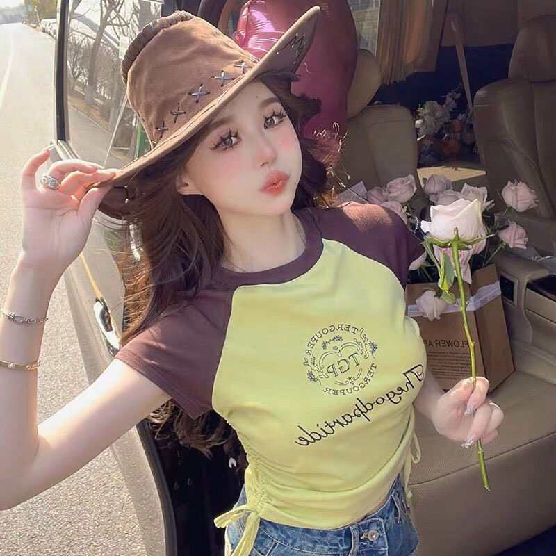 [CRTYK1013]ÁO CROPTOP KIỂU LỬNG NỮ CỔ TRÒN NGẮN TAY IN CHỮ NGANG DÂY RÚT HÔNG MÀU XANH TRẮNG ĐEN