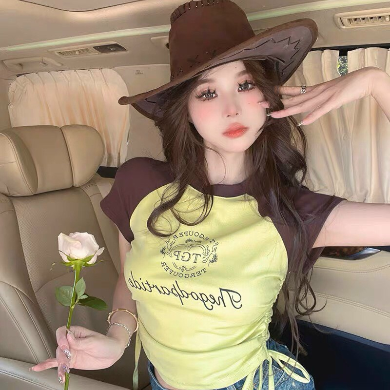 [CRTYK1013]ÁO CROPTOP KIỂU LỬNG NỮ CỔ TRÒN NGẮN TAY IN CHỮ NGANG DÂY RÚT HÔNG MÀU XANH TRẮNG ĐEN