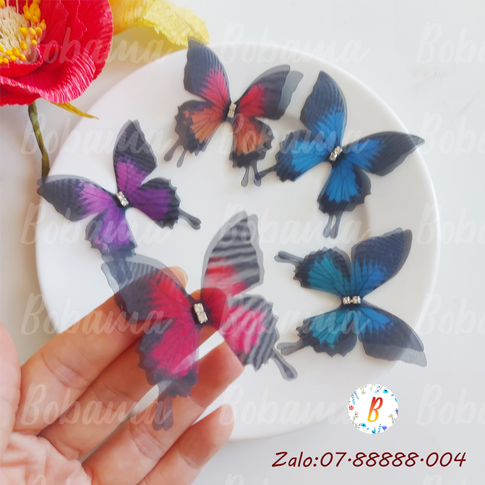 Bướm vải voan đen pha màu organza 2 lớp đính đá dùng tranh trí handmade