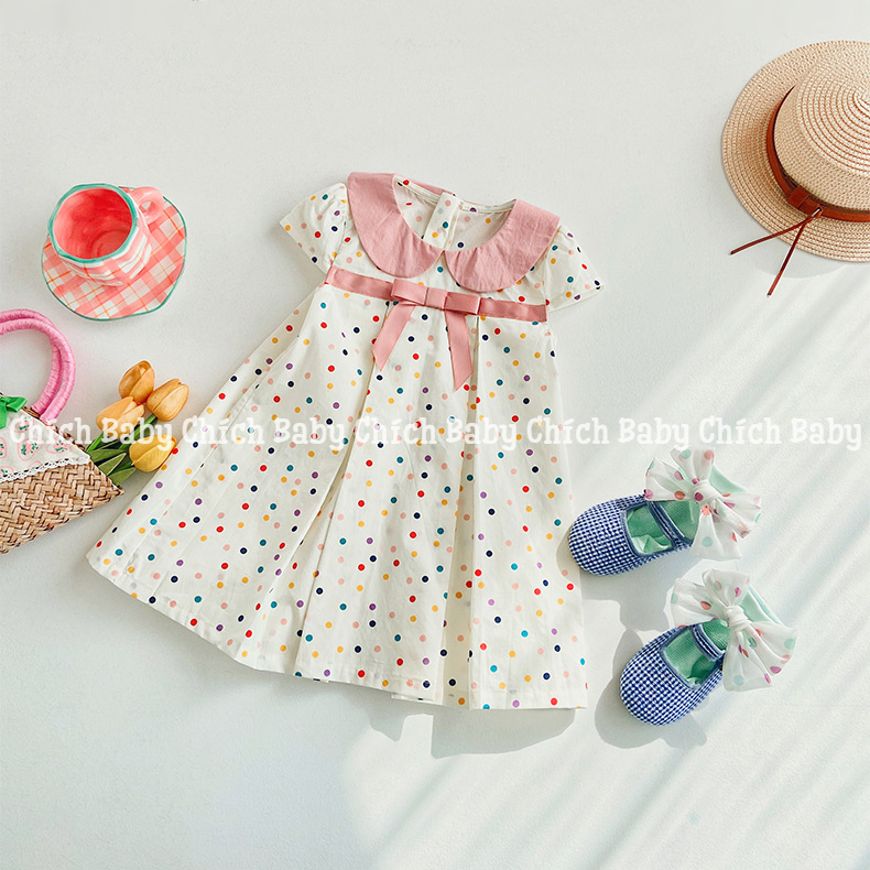 Đầm vải cotton chấm bi cổ sen hồng