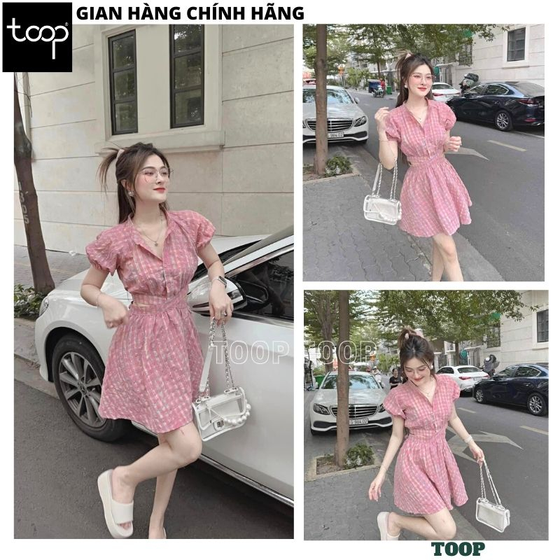 Jumsuit kẻ hồng cổ sơ mi tay bồng thắt nơ sau lưng, Jum kẻ giả váy đan dây chéo lưng điệu đà kiểu dáng hàn quốc - TOOP