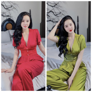 Đồ Bộ Mặc Nhà, Đồ Ngủ, Pyjama Cổ V Tay Ngắn Phối Ren Bụng Nút Ngọc Chất Lụa Latin Cao Cấp Freesize