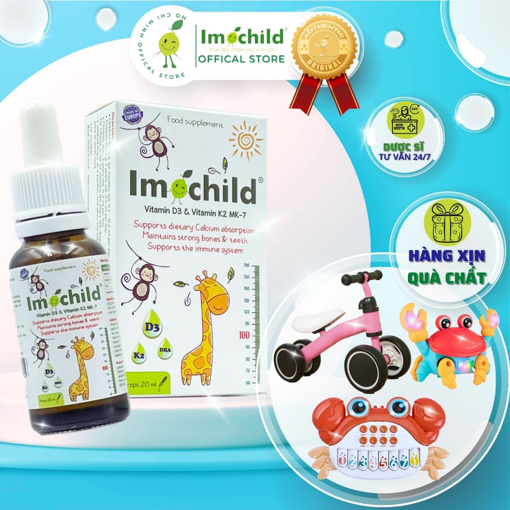 Vitamin D3 K2 MK7 Có DHA Imochild Giúp Bé Tăng Chiều Cao Xương Chắc Khỏe Cải Thiện Trí Não Lọ 20ml