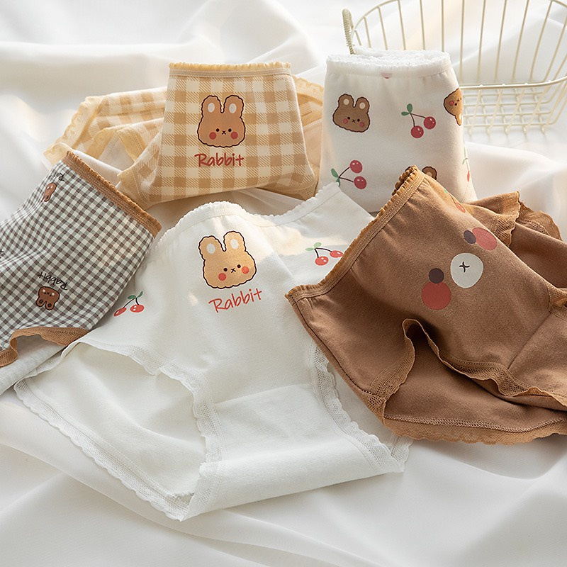 SET 5 Quần Lót Hoạ Tiết Gấu Cherry Rabbit Tông Màu Nâu Chất Liệu Cotton Thoáng Khí