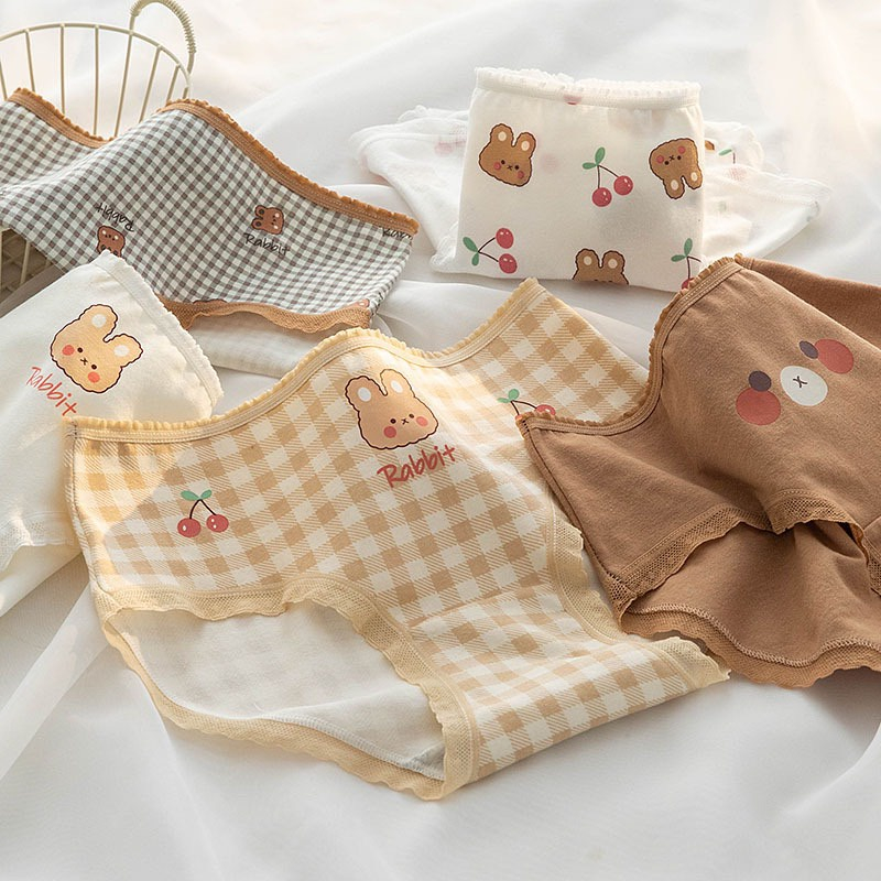 SET 5 Quần Lót Hoạ Tiết Gấu Cherry Rabbit Tông Màu Nâu Chất Liệu Cotton Thoáng Khí