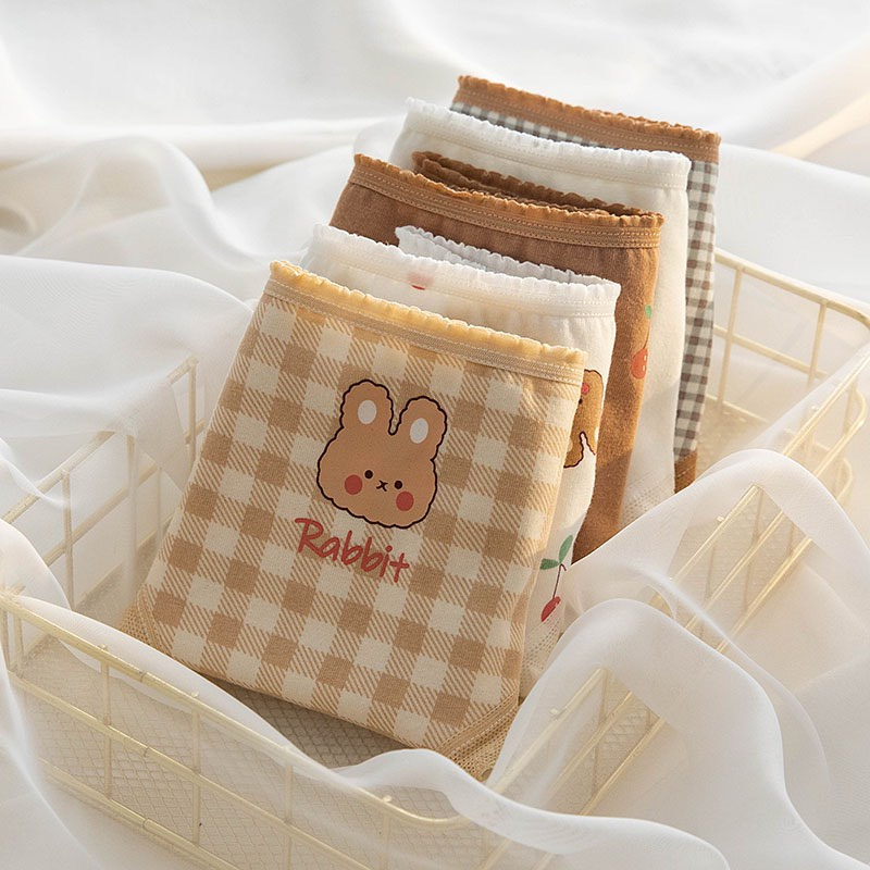 SET 5 Quần Lót Hoạ Tiết Gấu Cherry Rabbit Tông Màu Nâu Chất Liệu Cotton Thoáng Khí