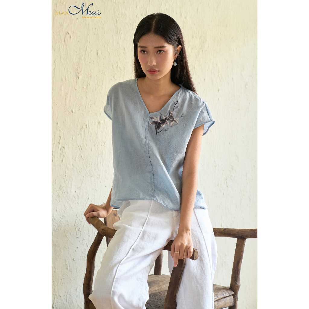 MaxMessi - Áo cánh dơi nữ Linen Tưng Premium CARA form croptop vai đỗ thêu hoa thủ công