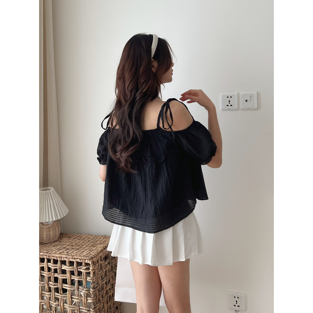 Áo hai dây trễ vai Áo kẻ xốp tay phồng bo chun phối diềm cực xinh xắn đi chơi đi biển A8703 - CHAKOVET