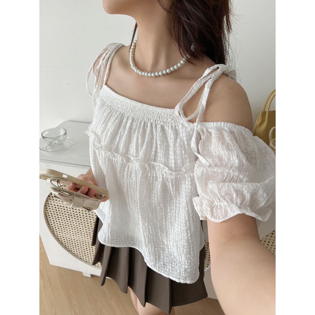 Áo hai dây trễ vai Áo kẻ xốp tay phồng bo chun phối diềm cực xinh xắn đi chơi đi biển A8703 - CHAKOVET