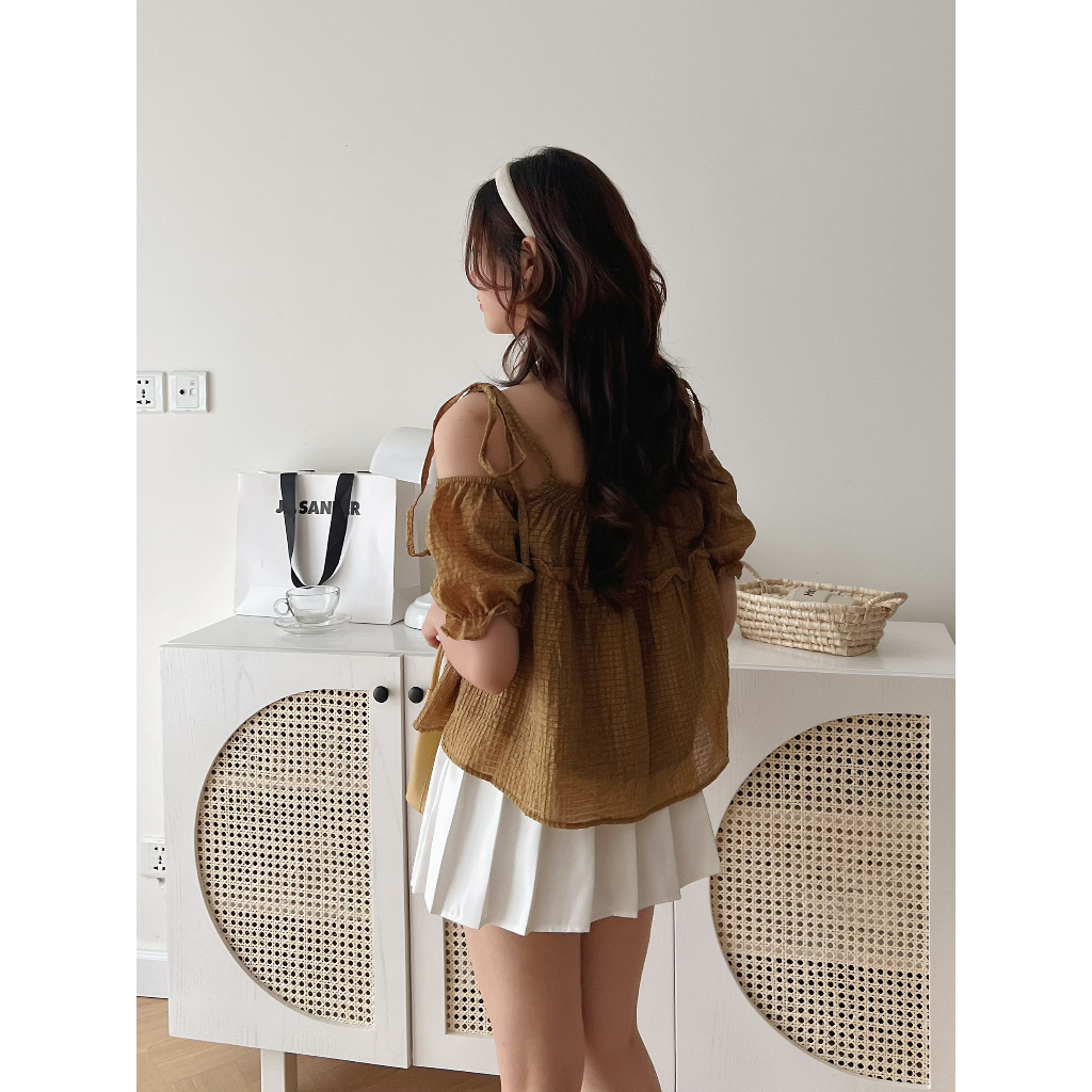 Áo hai dây trễ vai Áo kẻ xốp tay phồng bo chun phối diềm cực xinh xắn đi chơi đi biển A8703 - CHAKOVET