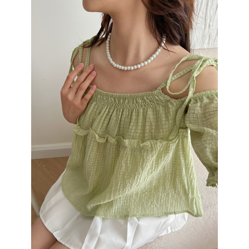 Áo hai dây trễ vai Áo kẻ xốp tay phồng bo chun phối diềm cực xinh xắn đi chơi đi biển A8703 - CHAKOVET