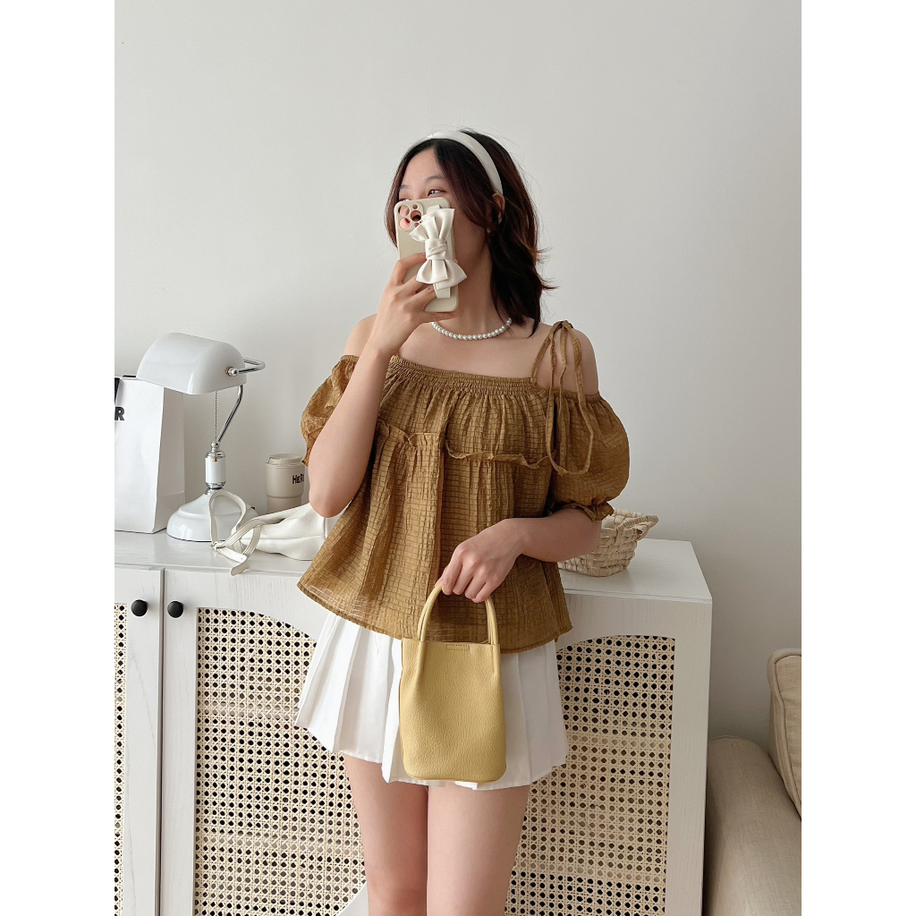 Áo hai dây trễ vai Áo kẻ xốp tay phồng bo chun phối diềm cực xinh xắn đi chơi đi biển A8703 - CHAKOVET