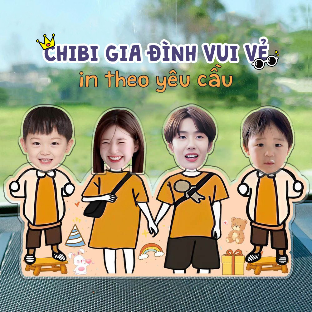 Mô hình standee lắc đầu gia đình 4 người chạy pin ghép mặt theo yêu cầu chibi cute làm quà tặng, trang trí ô tô,...