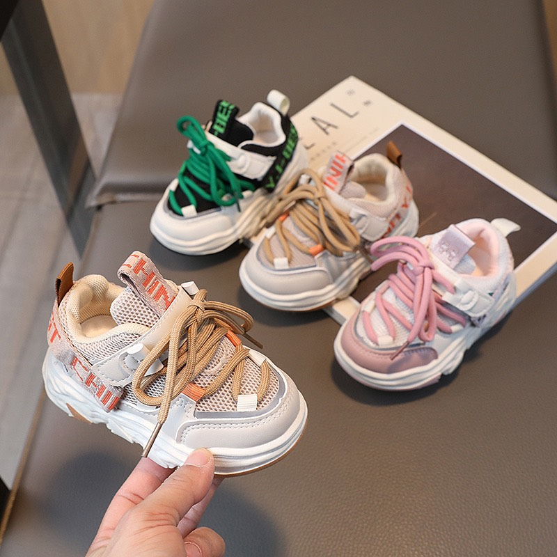 Giày thể thao cho bé trai bé gái, Giày sneaker quai dán dây buộc cực xinh chất PU phối lưới thoáng chân êm mềm M826