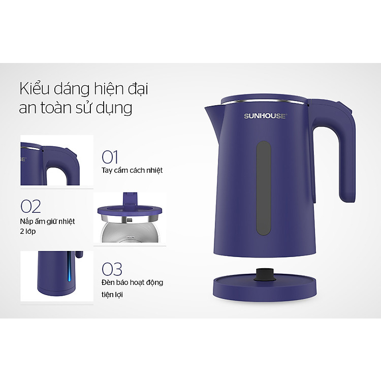 Ấm siêu tốc, Bình đun siêu tốc inox 2 lớp 1.8L SUNHOUSE SHD1355, Công suất 1500W, Dung tích 1,8L, Bảo hành 24 tháng