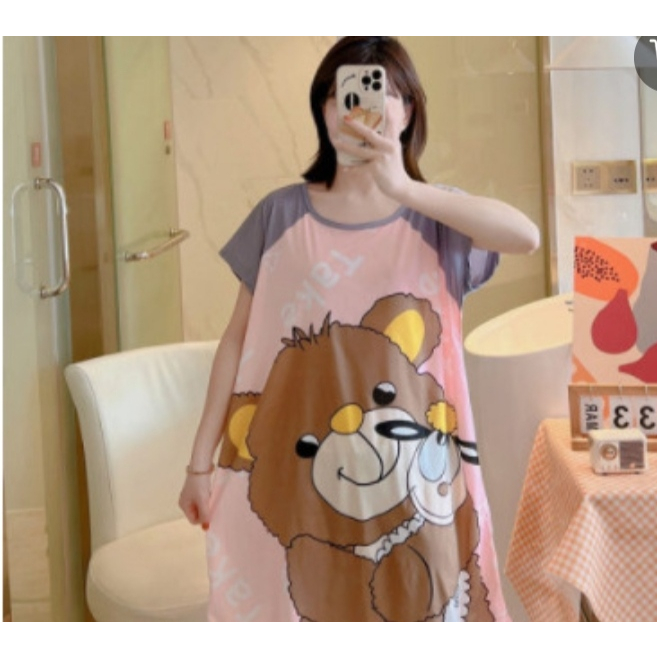 Váy ngủ nữ cộc tay dáng suông bigsize chất cotton mềm mát - hình dáng dễ thương