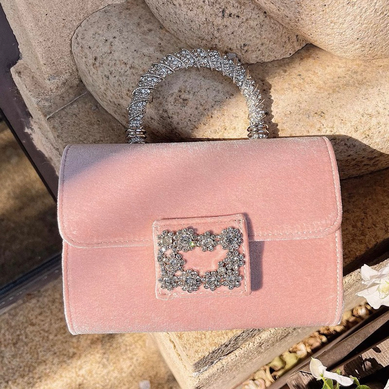 🌼ORDER 🌼Túi xách nhung mini size đá vuông quai cầm kim loại bạc