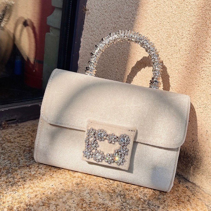 🌼ORDER 🌼Túi xách nhung mini size đá vuông quai cầm kim loại bạc