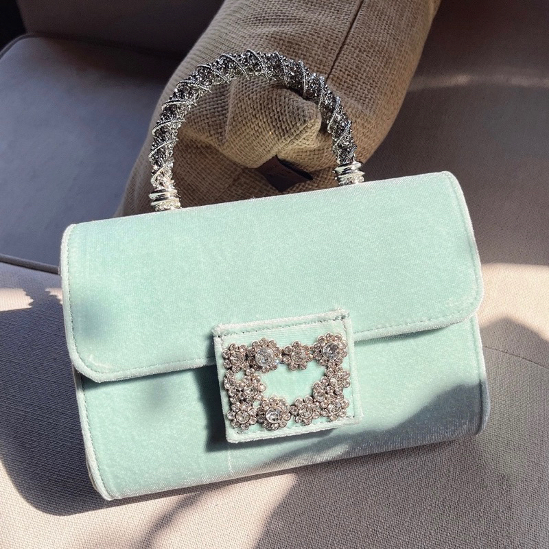 🌼ORDER 🌼Túi xách nhung mini size đá vuông quai cầm kim loại bạc