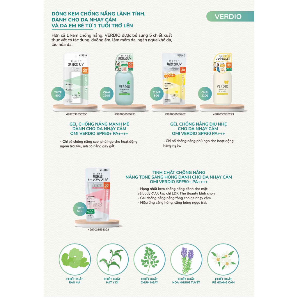 Tinh Chất Chống Nắng Nâng Tone Sáng Hồng Dành Cho Da Nhạy Cảm Và Trẻ Em Omi Verdio Nhật Bản SPF50+ PA++++