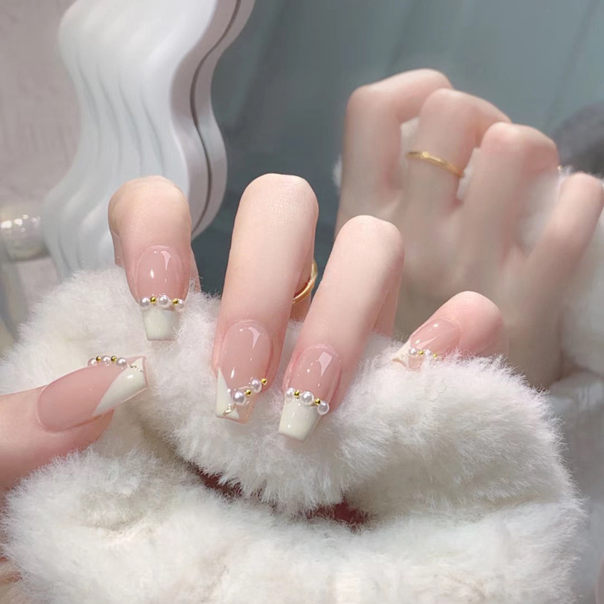 Bộ 24 móng tay giả đính ngọc trai A28, Nalbox màu trắng, Nail xinh, Móng tay cô dâu
