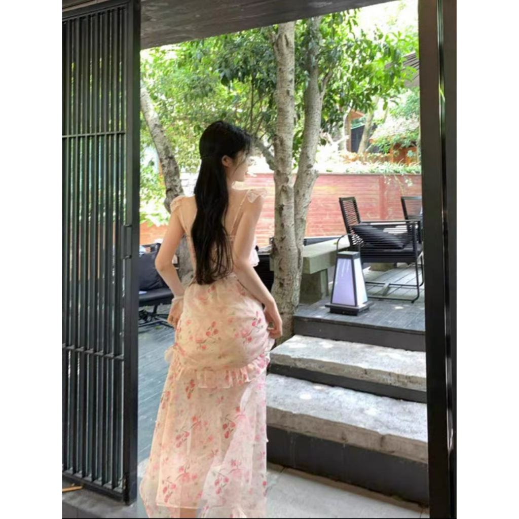 Đầm Hoa Dáng Dài Đuôi Cá Phối Bèo Rút Dây TH90
