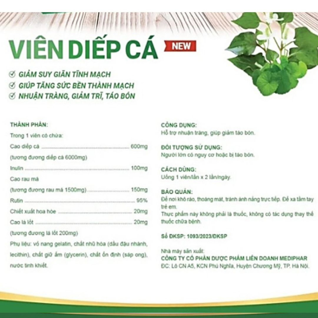 Viên Diếp Cá New Hỗ trợ nhuận tràng, giảm trĩ, giúp giảm táo bón, giảm suy giãn tĩnh mạch, tăng sức bền thành mạch - 30v