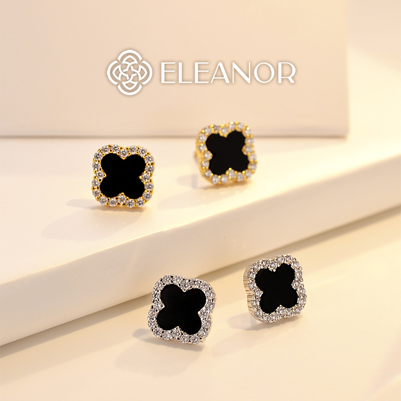 Bông tai nữ chuôi bạc 925 Eleanor Accessories hình cỏ bốn lá đính đá phụ kiện trang sức 5815