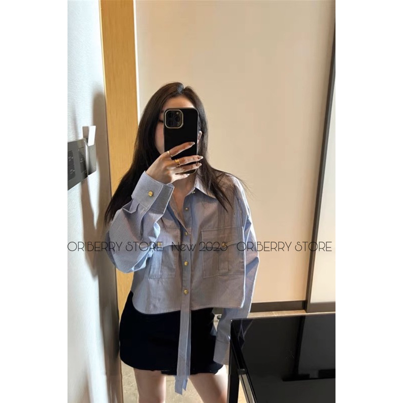 Áo Sơ Mi Kẻ Sọc Croptop Ngắn Tay Dài Thời Trang Hàn Quốc Cho Nữ