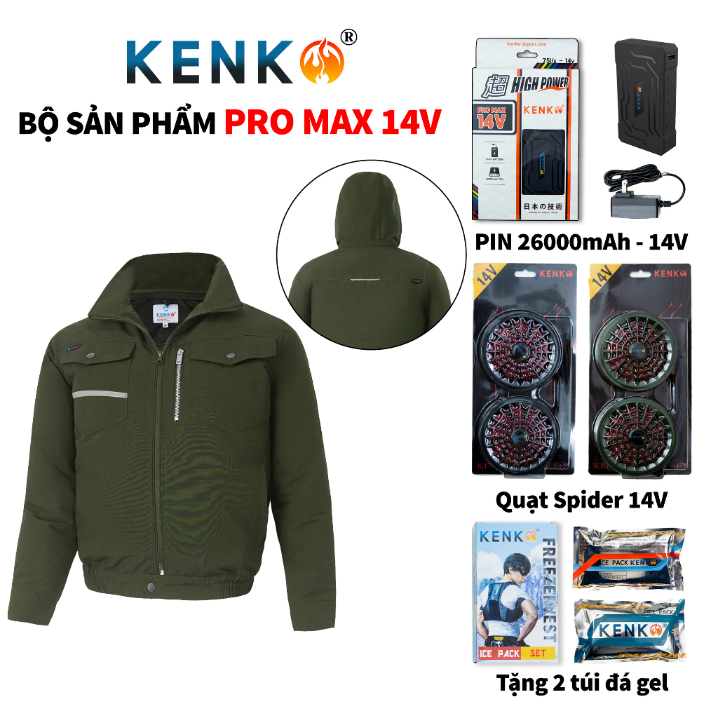 Áo gắn quạt chính hãng KENK PRO MAX 14V pin 26000mAh 14v màu xanh rêu dành cho người lao động