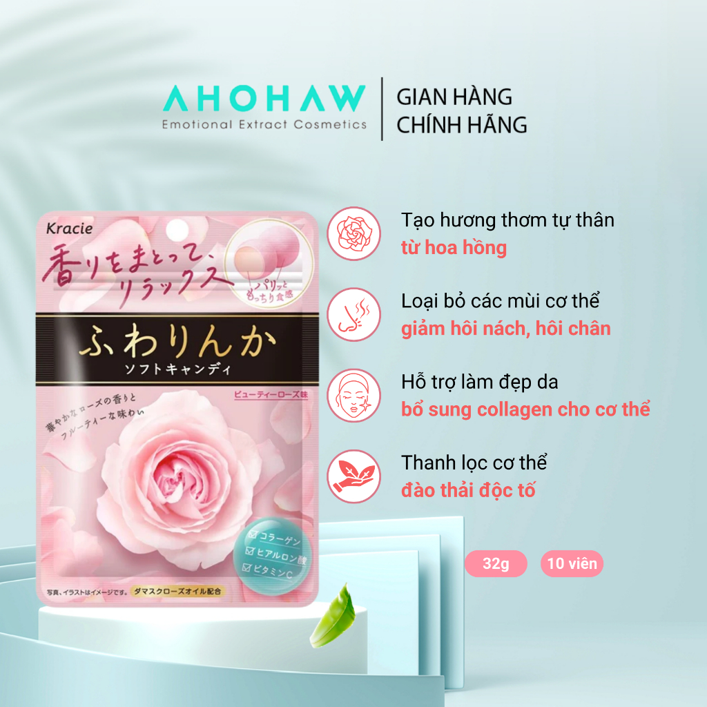 Kẹo Hoa Hồng Collagen Kracie Thơm Cơ Thể Nhật BảnGói 10 viên 32g