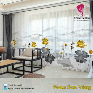 Rèm voan lụa in họa tiết sen vàng - rèm spa voan in hoa sen vàng 24k - ghi chú: số đo theo yêu cầu.
