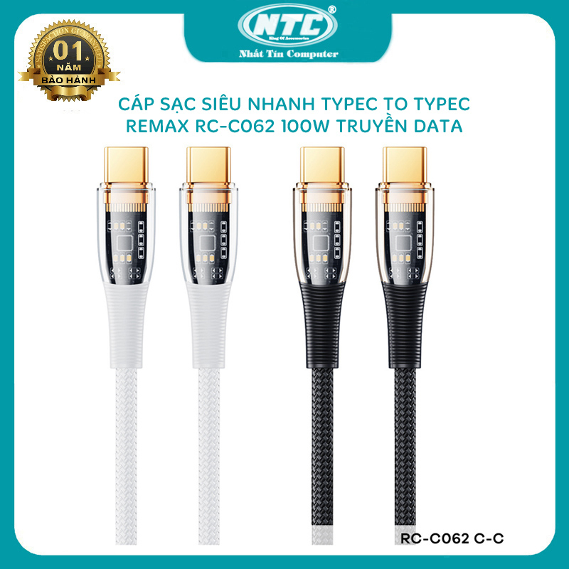 Cáp sạc siêu nhanh typeC to typeC Remax RC-C062 hỗ trợ PD 100W trong suốt - truyền data dài 1.2m (nhiều màu) Nhất Tín