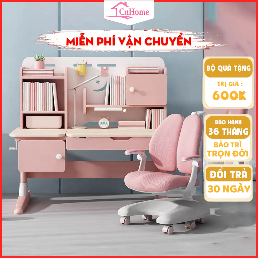 Bàn học cho bé thông minh chống gù chống cận S05 và S09 CnHome cao cấp mặt gỗ tự nhiên