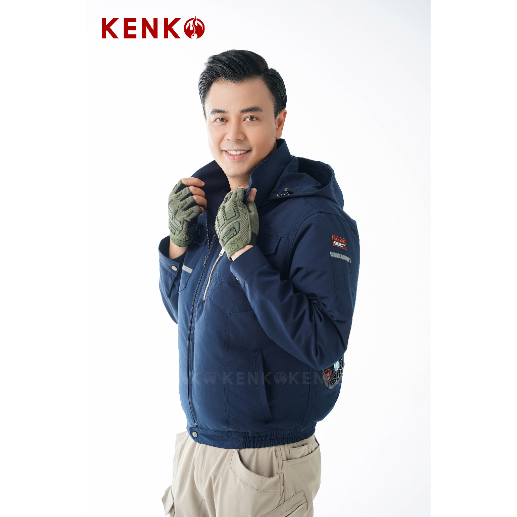 Áo quạt điều hoà xanh than KENK pin 26000mAh 14v chất liệu vải KAKI cùng sợi tre