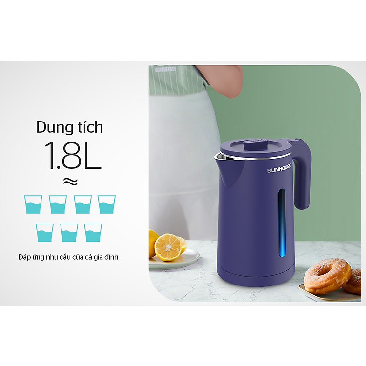 Ấm siêu tốc, Bình đun siêu tốc inox 2 lớp 1.8L SUNHOUSE SHD1355, Công suất 1500W, Dung tích 1,8L, Bảo hành 24 tháng