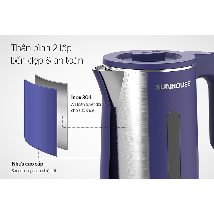 Ấm siêu tốc, Bình đun siêu tốc inox 2 lớp 1.8L SUNHOUSE SHD1355, Công suất 1500W, Dung tích 1,8L, Bảo hành 24 tháng