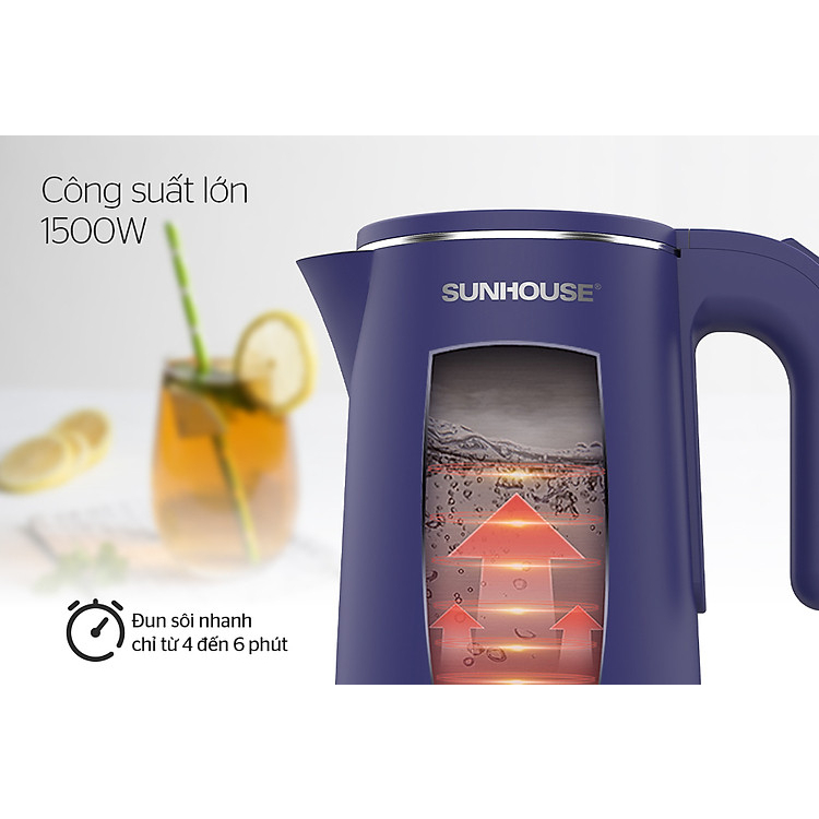 Ấm siêu tốc, Bình đun siêu tốc inox 2 lớp 1.8L SUNHOUSE SHD1355, Công suất 1500W, Dung tích 1,8L, Bảo hành 24 tháng