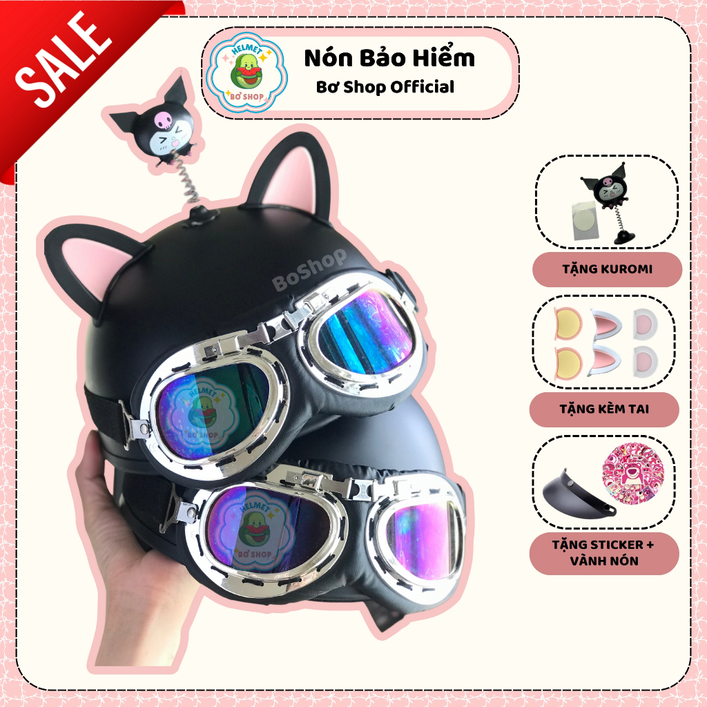 Mũ Bảo Hiểm Nửa Đầu Kính Phi Công Kèm Tai Mèo 2 Màu Và Bông Kuromi Dễ Thương,Nhựa ABS Cứng Cáp Nhiều Màu Lựa Chọn Kuromi