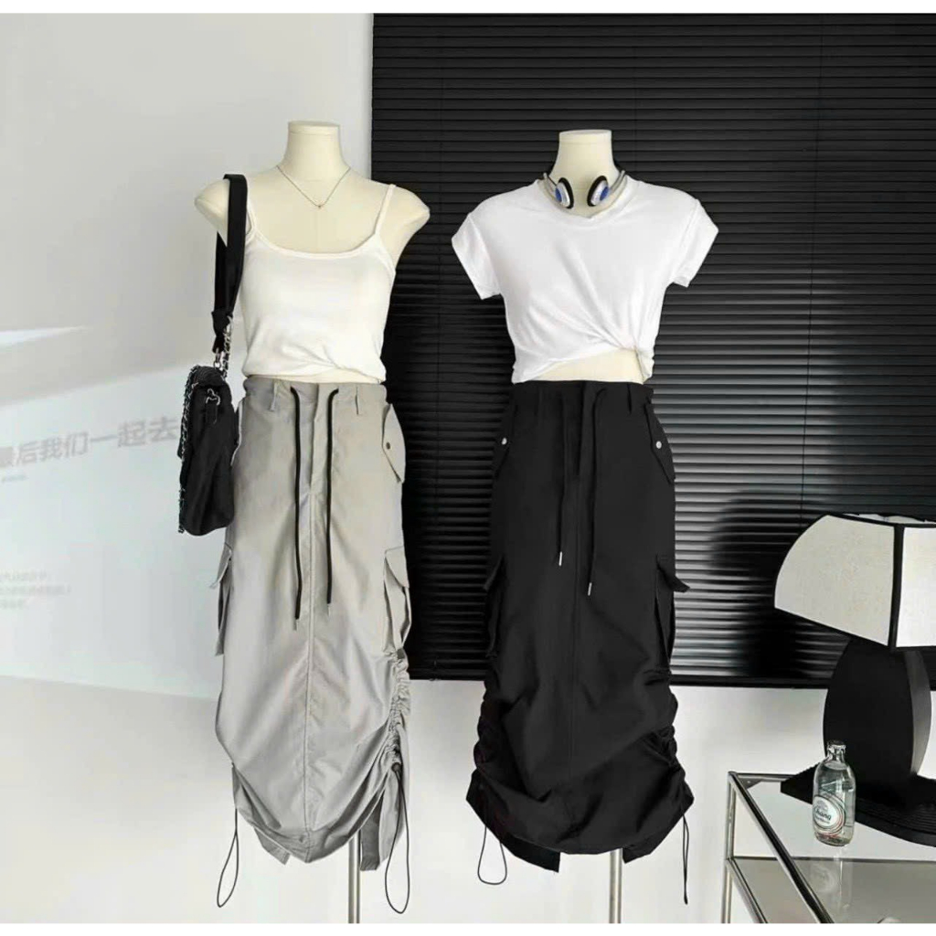 Chân váy kaki dáng dài phối dây rút hông siêu hot