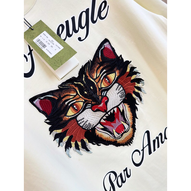 ⚡️[Hight Quality] Hàng Có Sẵn!! Áo GC Nam Nữ GG Angry Cat Washed Tshirt - Họa Tiết Mèo Thêu Phối Chữ L'Aveugle Đơn Giản