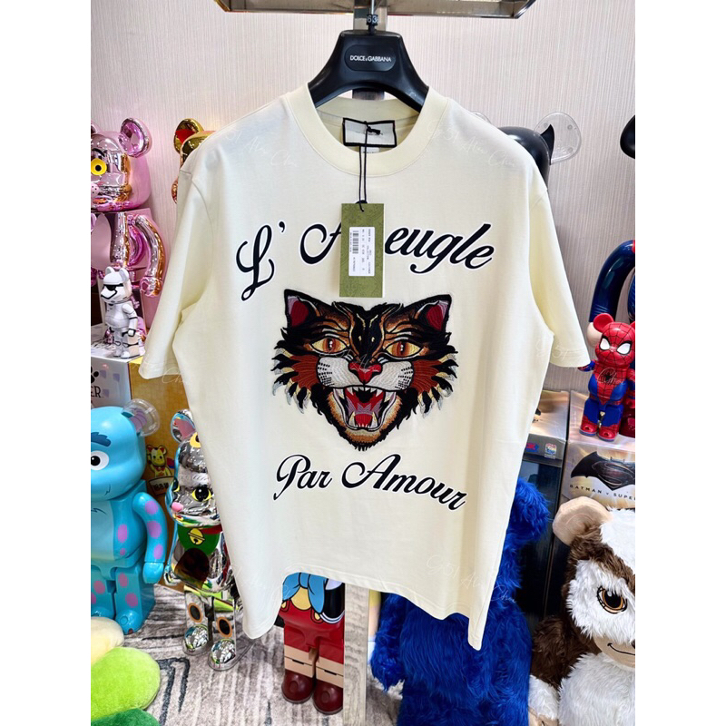 ⚡️[Hight Quality] Hàng Có Sẵn!! Áo GC Nam Nữ GG Angry Cat Washed Tshirt - Họa Tiết Mèo Thêu Phối Chữ L'Aveugle Đơn Giản