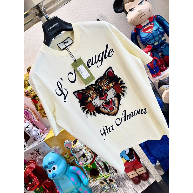 ⚡️[Hight Quality] Hàng Có Sẵn!! Áo GC Nam Nữ GG Angry Cat Washed Tshirt - Họa Tiết Mèo Thêu Phối Chữ L'Aveugle Đơn Giản